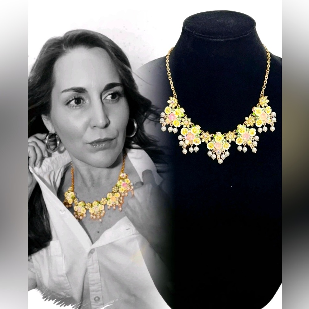 Betsey Johnson Gold Tone Pink Yellow Floral Crystal Bib Necklace